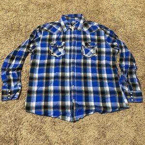 Ely 1878 Blue Pearl Snap Button Front Mens XL Blue Plaid Thick Stitching Graphic